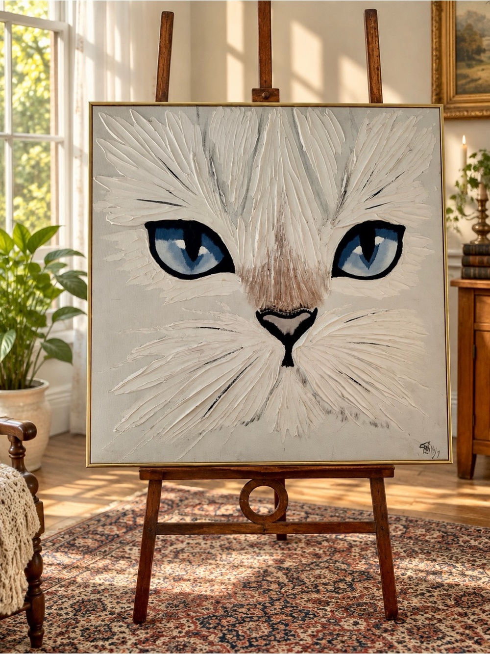 Vintage Oversized Textured White Cat Acrylic Painting